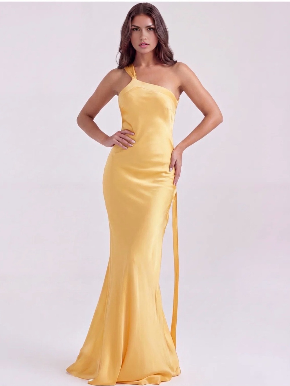 One-Shoulder Yellow Satin Gown with Draped Tie